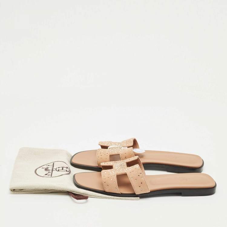 Pre Owned Hermes Beige Suede Oran Crystals Flat Slides Size 40