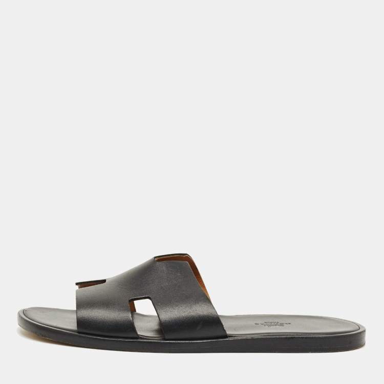 Pre Owned Hermes Black Leather Izmir Flat Slide Size 42
