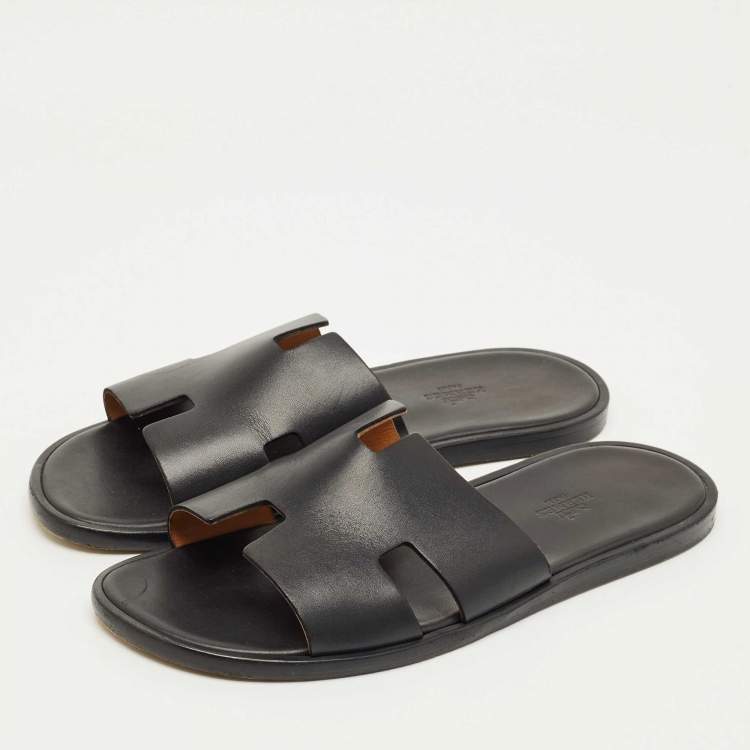 Pre Owned Hermes Black Leather Izmir Flat Slide Size 42