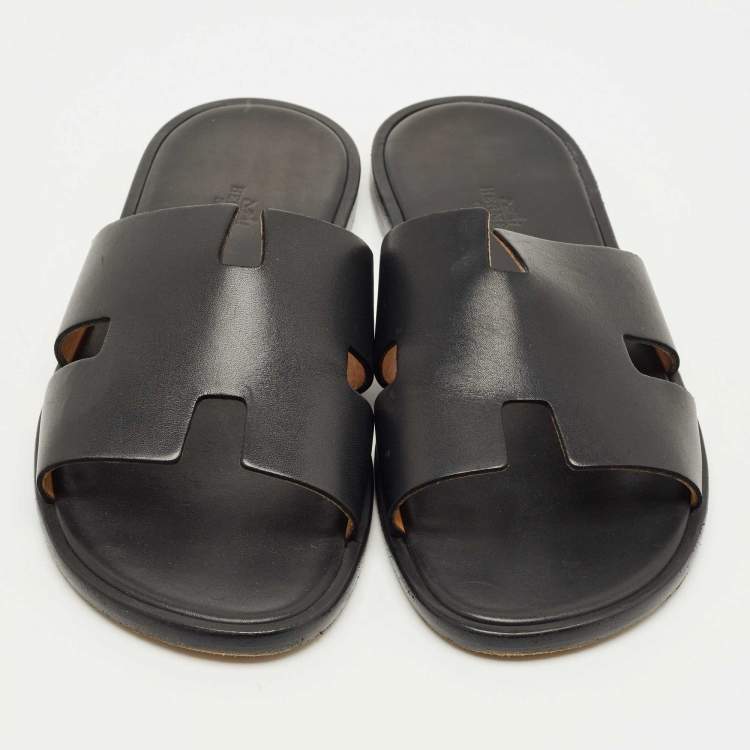 Pre Owned Hermes Black Leather Izmir Flat Slide Size 42