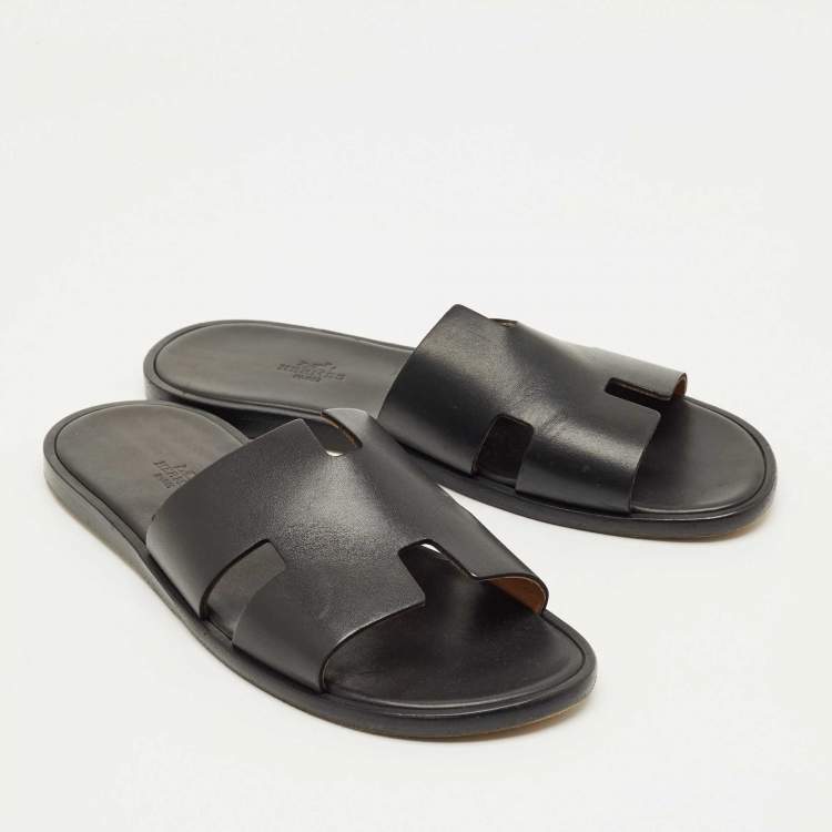 Pre Owned Hermes Black Leather Izmir Flat Slide Size 42