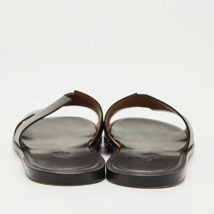 Pre Owned Hermes Black Leather Izmir Flat Slide Size 42