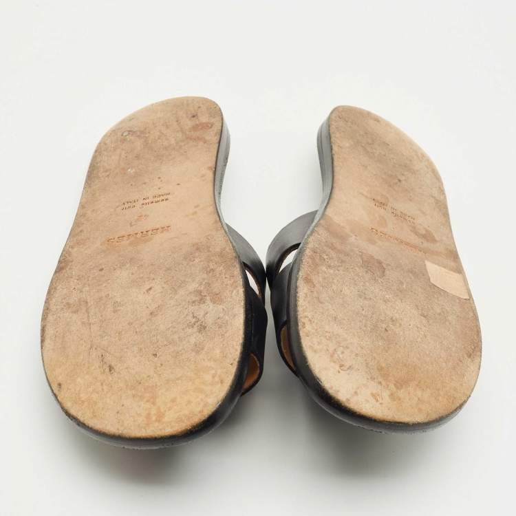 Pre Owned Hermes Black Leather Izmir Flat Slide Size 42