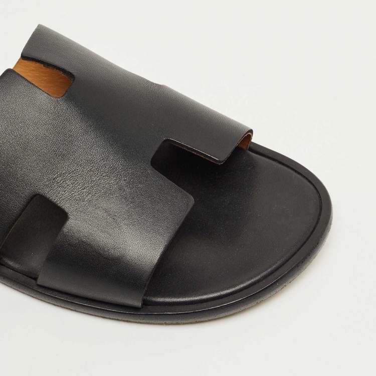 Pre Owned Hermes Black Leather Izmir Flat Slide Size 42