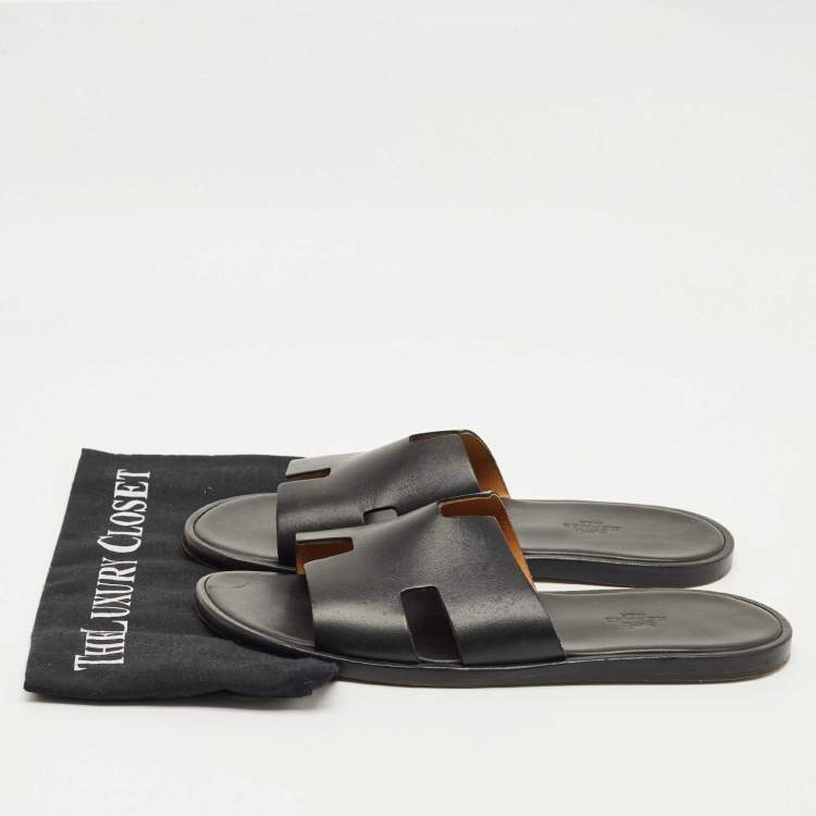 Pre Owned Hermes Black Leather Izmir Flat Slide Size 42