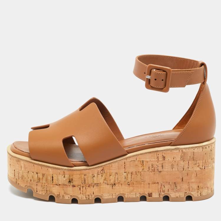 Pre Owned Hermes Brown Leather Ilana Cork Wedge Sandals Size 38