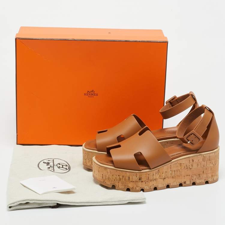 Pre Owned Hermes Brown Leather Ilana Cork Wedge Sandals Size 38