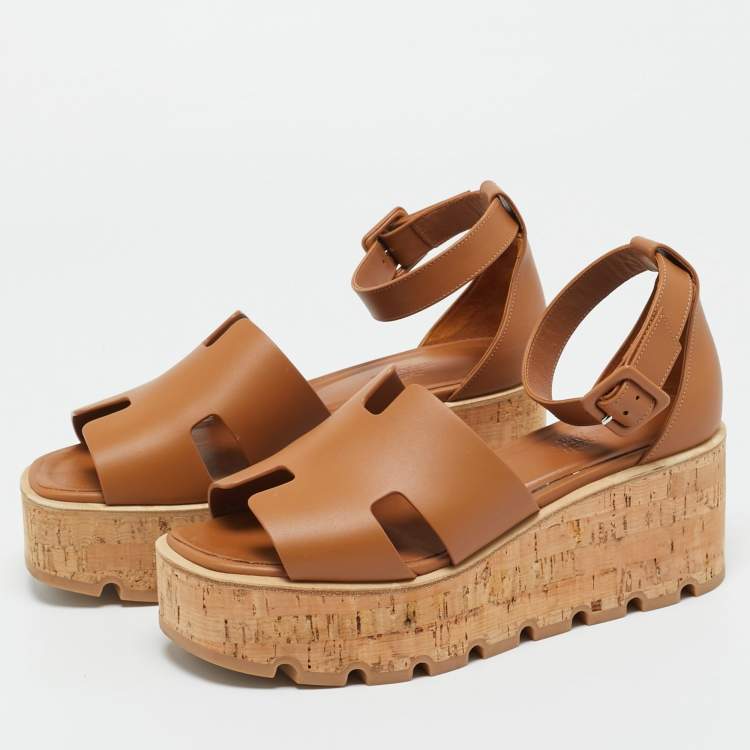 Pre Owned Hermes Brown Leather Ilana Cork Wedge Sandals Size 38