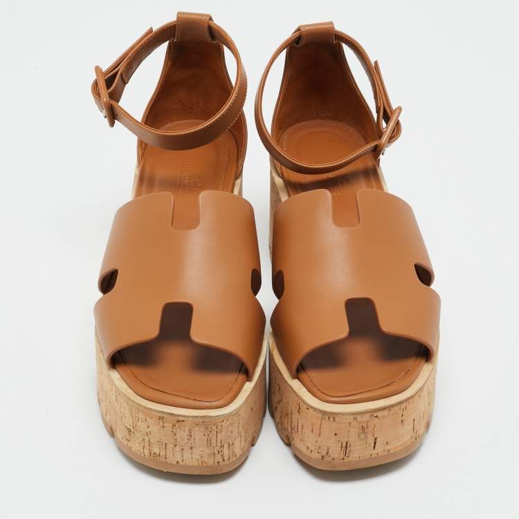Pre Owned Hermes Brown Leather Ilana Cork Wedge Sandals Size 38