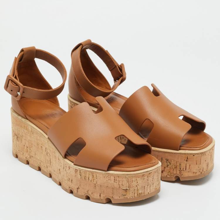 Pre Owned Hermes Brown Leather Ilana Cork Wedge Sandals Size 38