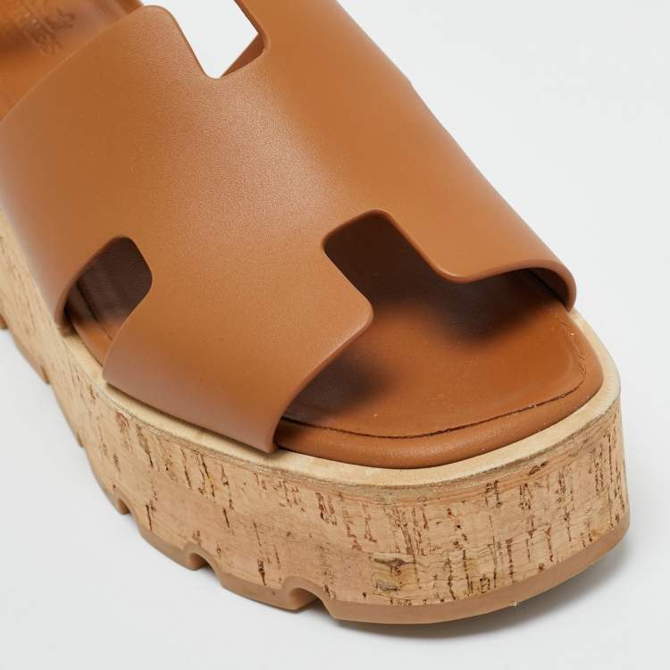 Pre Owned Hermes Brown Leather Ilana Cork Wedge Sandals Size 38