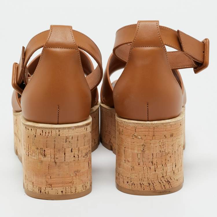 Pre Owned Hermes Brown Leather Ilana Cork Wedge Sandals Size 38