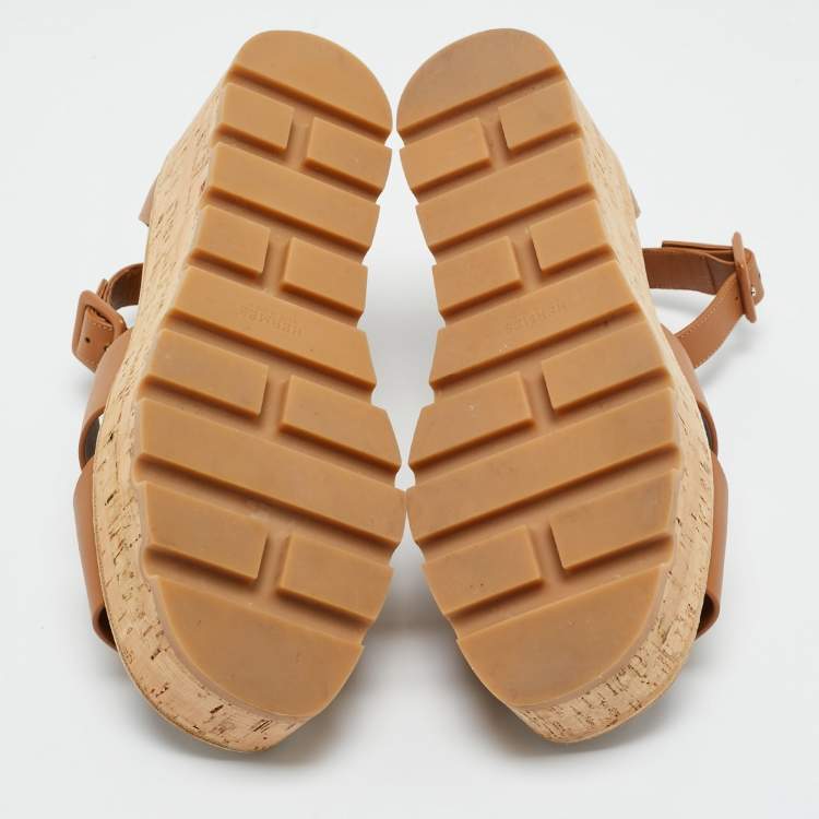Pre Owned Hermes Brown Leather Ilana Cork Wedge Sandals Size 38