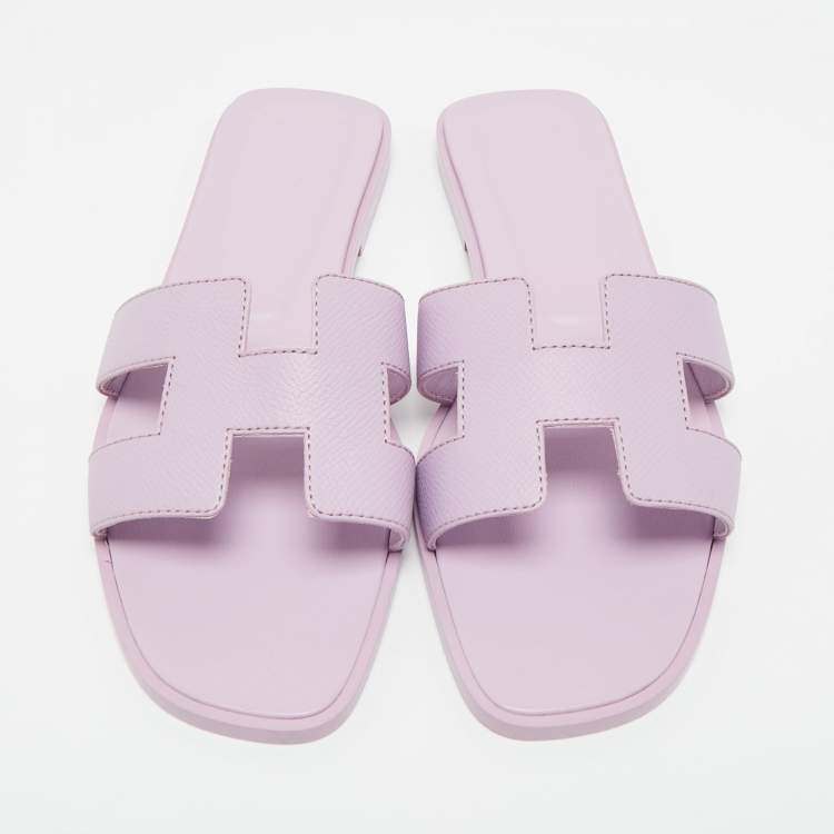 Pre Owned Hermes Purple Leather Oran Flat Slides Size 37.5