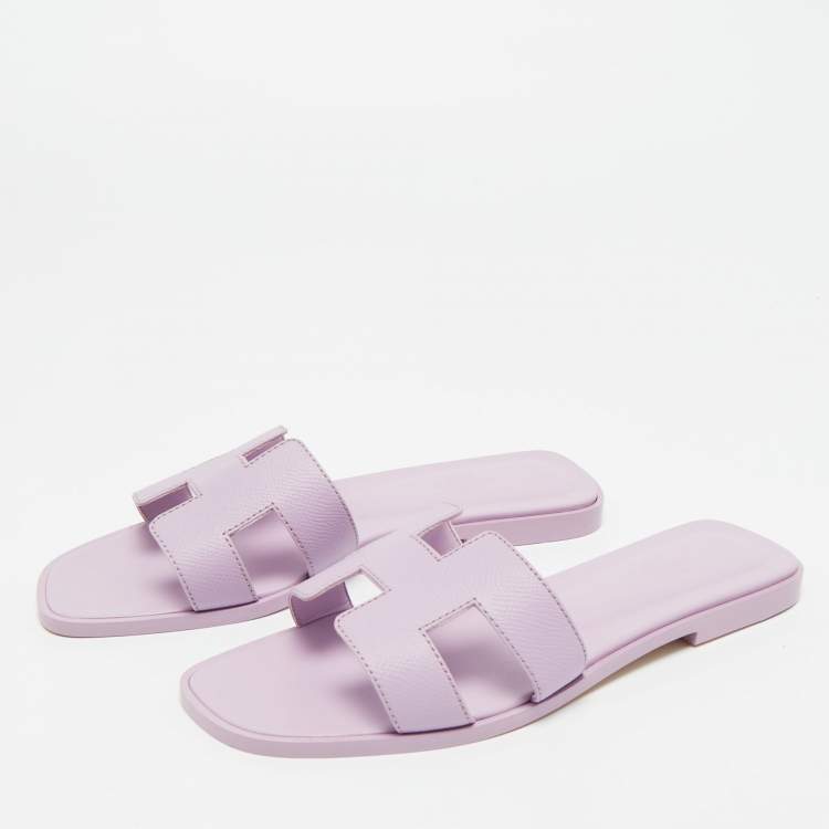 Pre Owned Hermes Purple Leather Oran Flat Slides Size 37.5
