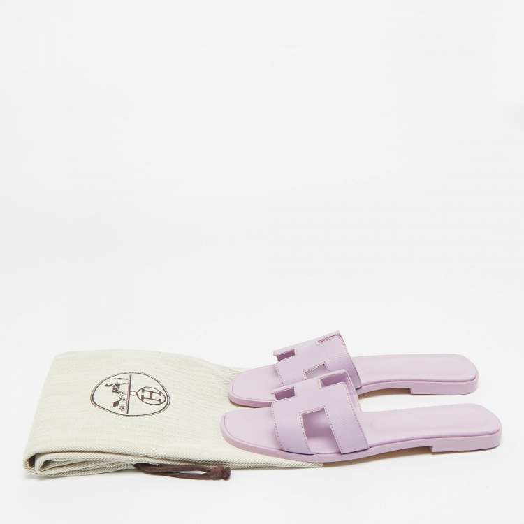Pre Owned Hermes Purple Leather Oran Flat Slides Size 37.5