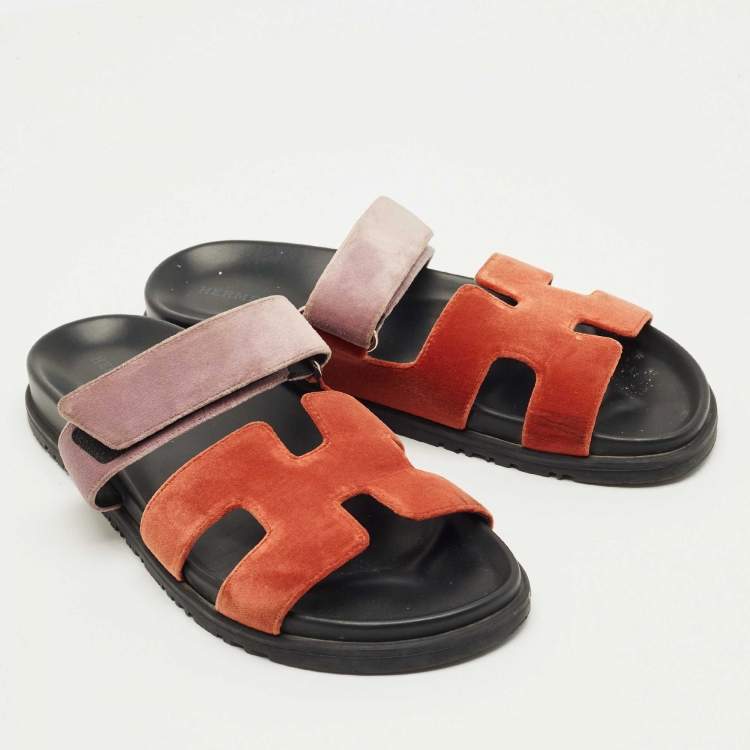 Pre Owned Hermès Brown/Beige Velvet Chypre Flat Sandals Size 40