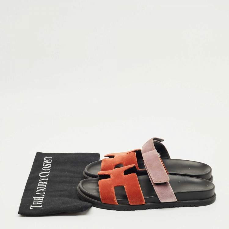 Pre Owned Hermès Brown/Beige Velvet Chypre Flat Sandals Size 40