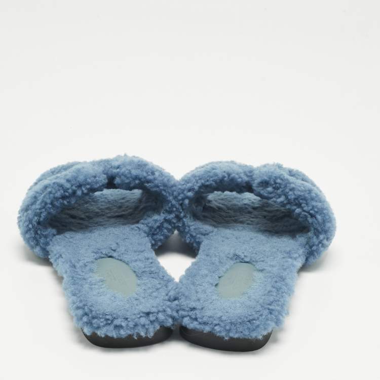 Pre Owned Hermes Blue Shearling Fur Oran Flat Slides Size 37.5