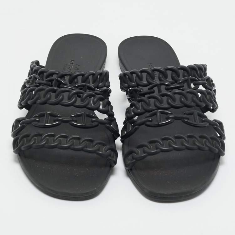 Pre Owned Hermes Black Jelly D'ancre Chaine Rivage Flats Size 38