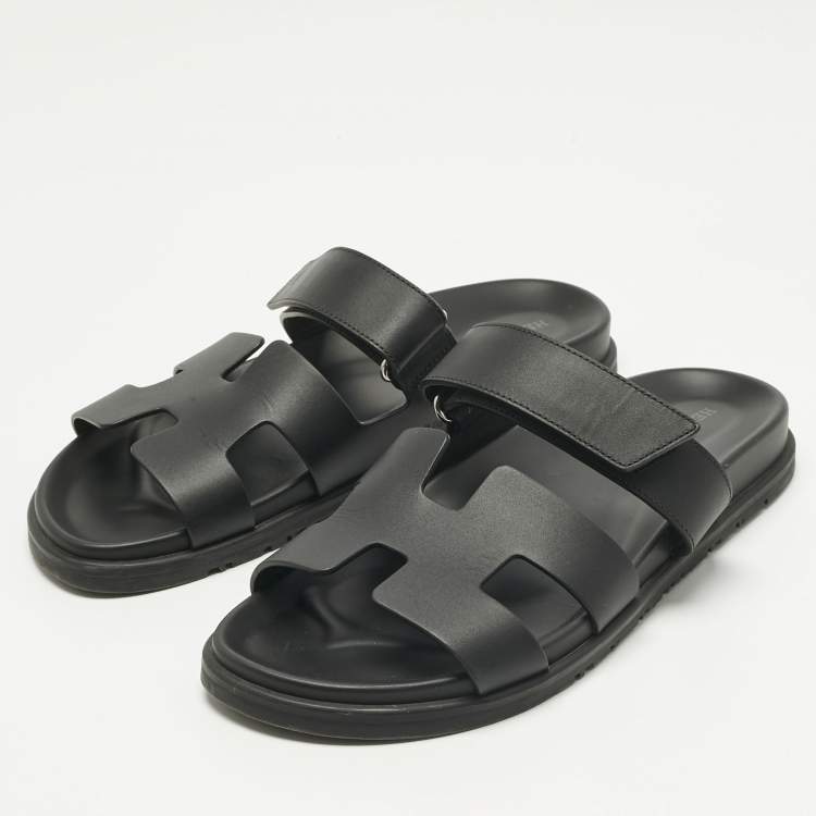 Pre Owned Hermes Black Leather Chypre Flat Sandals Size 40.5