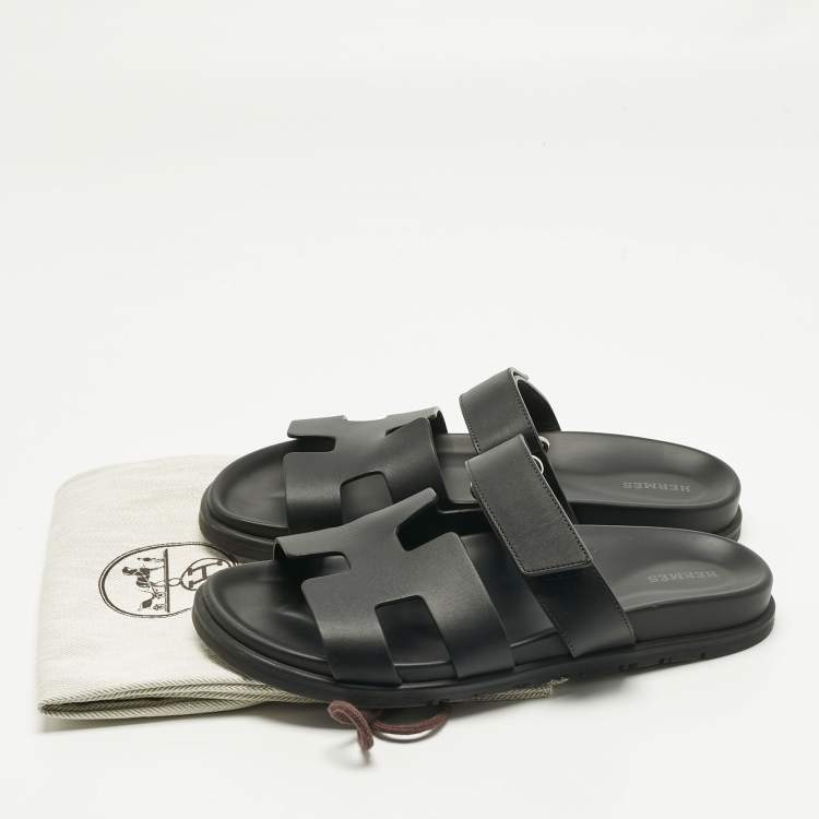 Pre Owned Hermes Black Leather Chypre Flat Sandals Size 40.5
