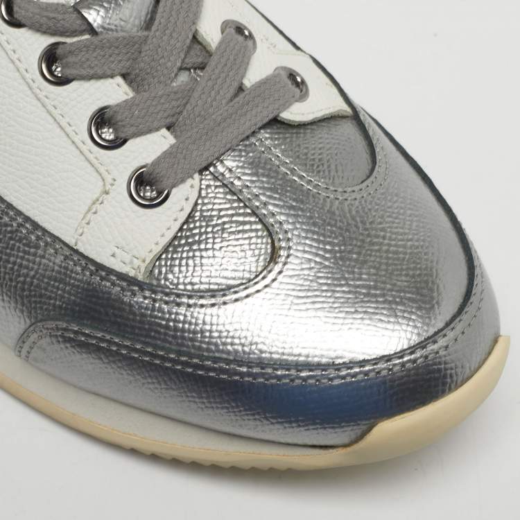 Pre Owned Hermes Metallic Silver/White Leather H Sneakers Size 40