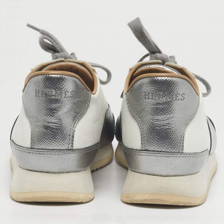 Pre Owned Hermes Metallic Silver/White Leather H Sneakers Size 40