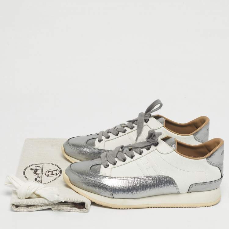 Pre Owned Hermes Metallic Silver/White Leather H Sneakers Size 40