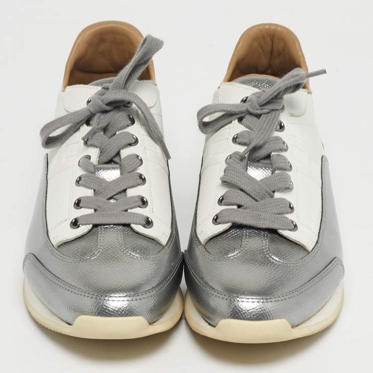 Pre Owned Hermes Metallic Silver/White Leather H Sneakers Size 40