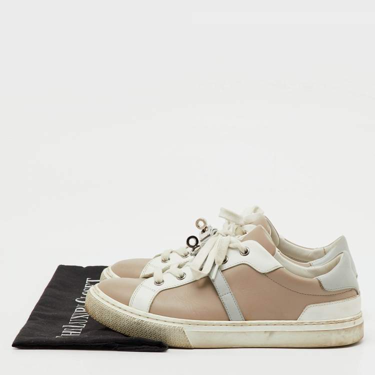 Pre Owned حذاء رياضي هيرمس جلد بيج/أبيض عنق منخفض يومي مقاس 38.5