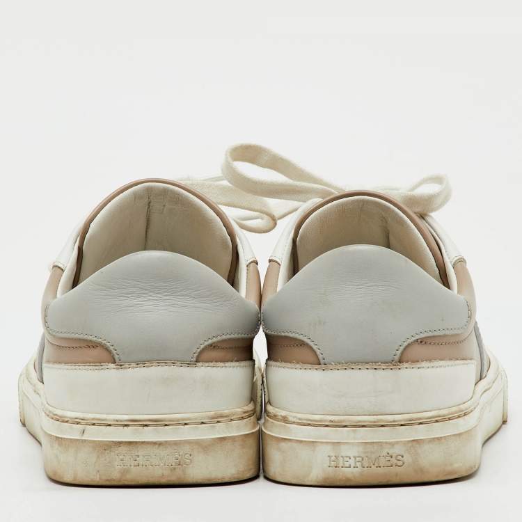 Pre Owned حذاء رياضي هيرمس جلد بيج/أبيض عنق منخفض يومي مقاس 38.5