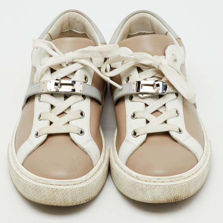 Pre Owned حذاء رياضي هيرمس جلد بيج/أبيض عنق منخفض يومي مقاس 38.5