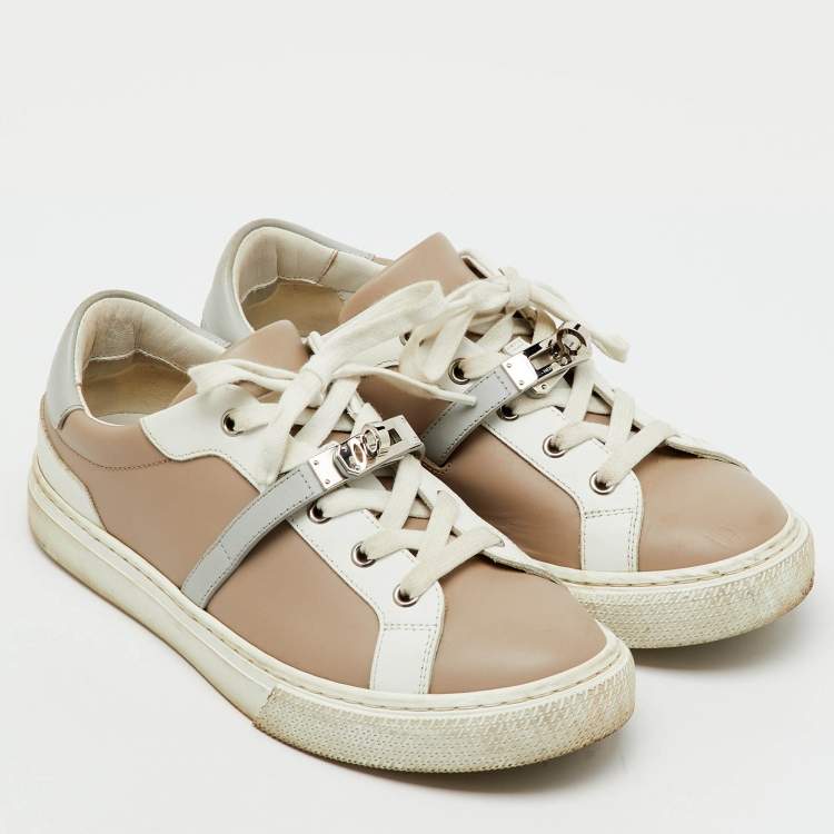 Pre Owned حذاء رياضي هيرمس جلد بيج/أبيض عنق منخفض يومي مقاس 38.5