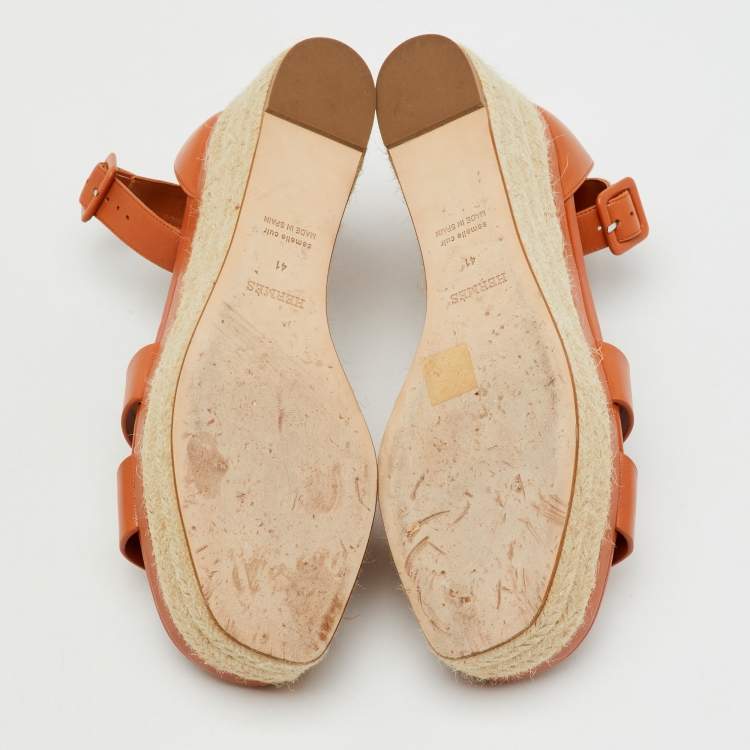 Pre Owned Hermes Brown Leather Elda Espadrille Platform Sandals Size 41