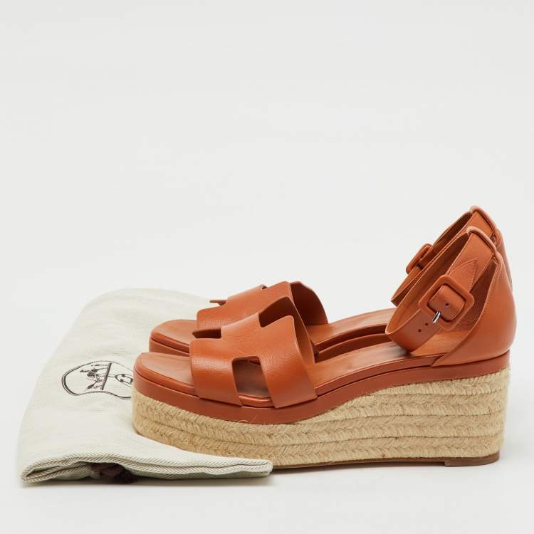 Pre Owned Hermes Brown Leather Elda Espadrille Platform Sandals Size 41