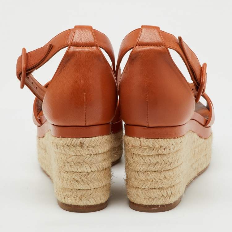 Pre Owned Hermes Brown Leather Elda Espadrille Platform Sandals Size 41