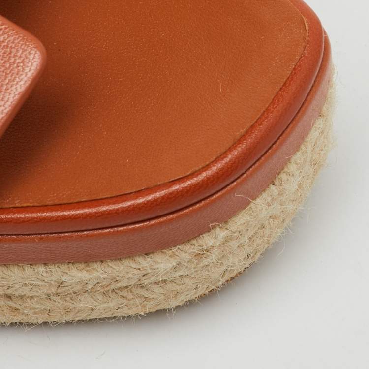 Pre Owned Hermes Brown Leather Elda Espadrille Platform Sandals Size 41