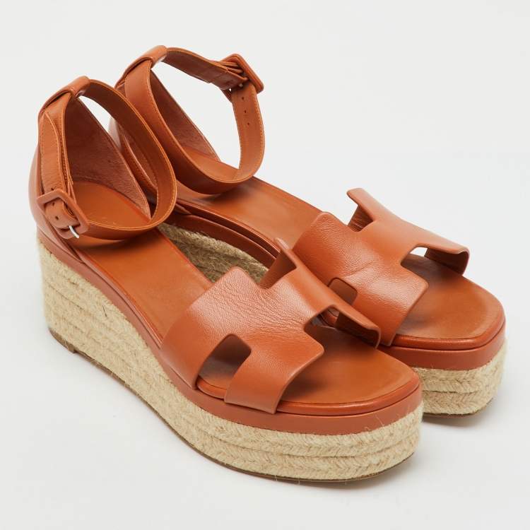 Pre Owned Hermes Brown Leather Elda Espadrille Platform Sandals Size 41