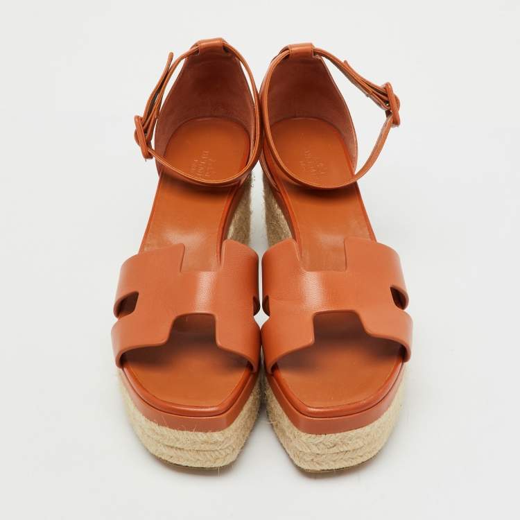 Pre Owned Hermes Brown Leather Elda Espadrille Platform Sandals Size 41