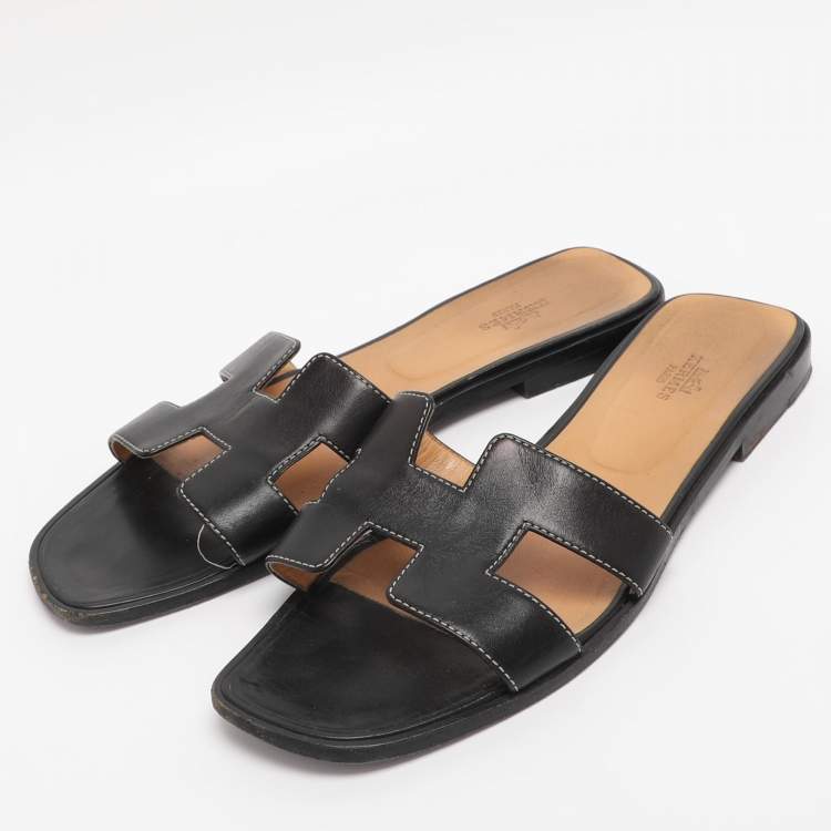 Pre Owned Hermes Black Leather Oran Flat Slides Size 40.5