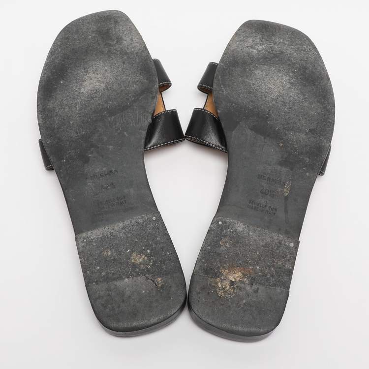 Pre Owned Hermes Black Leather Oran Flat Slides Size 40.5