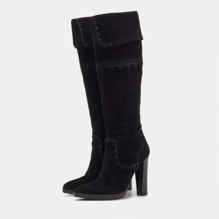 Pre Owned Hermes Black Suede Crusader Embroidered Knee Length Boots Size 36.5