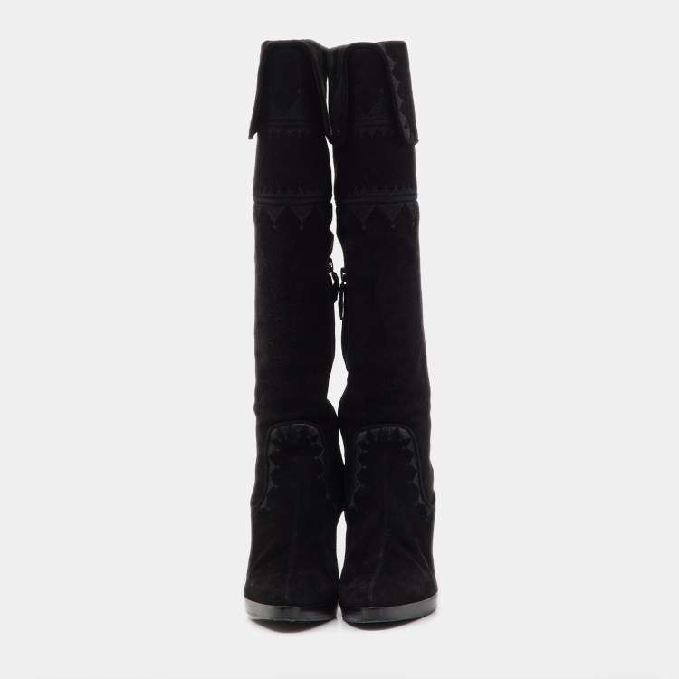 Pre Owned Hermes Black Suede Crusader Embroidered Knee Length Boots Size 36.5