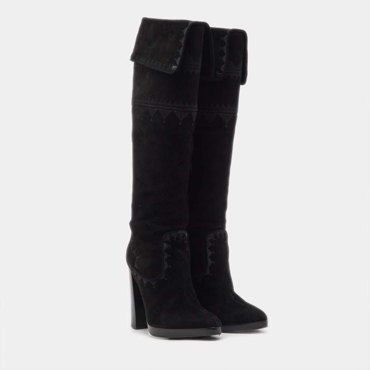 Pre Owned Hermes Black Suede Crusader Embroidered Knee Length Boots Size 36.5