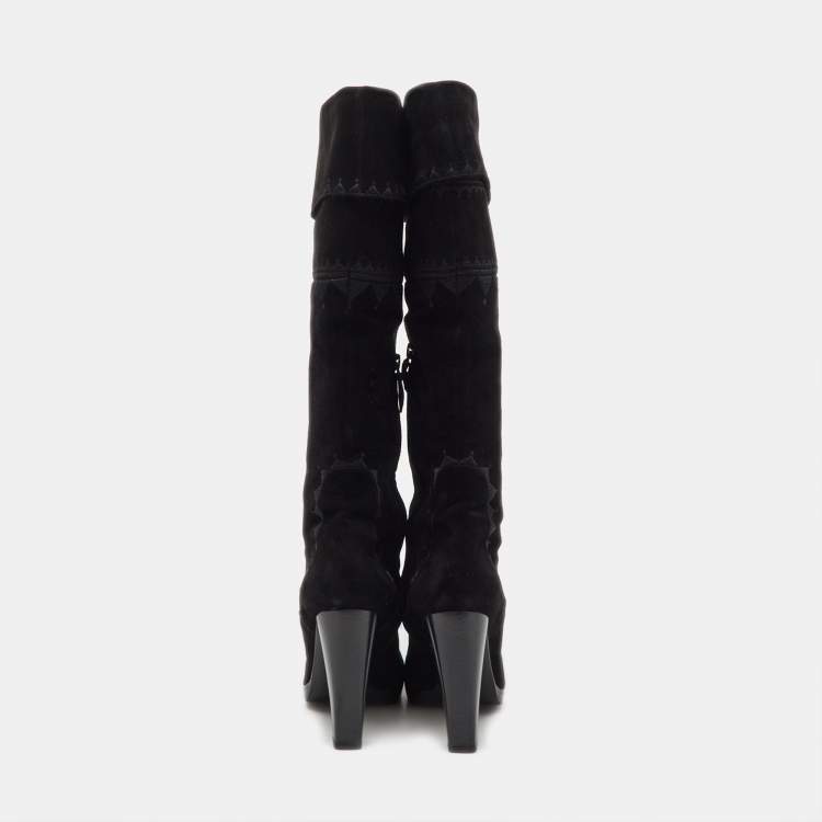 Pre Owned Hermes Black Suede Crusader Embroidered Knee Length Boots Size 36.5