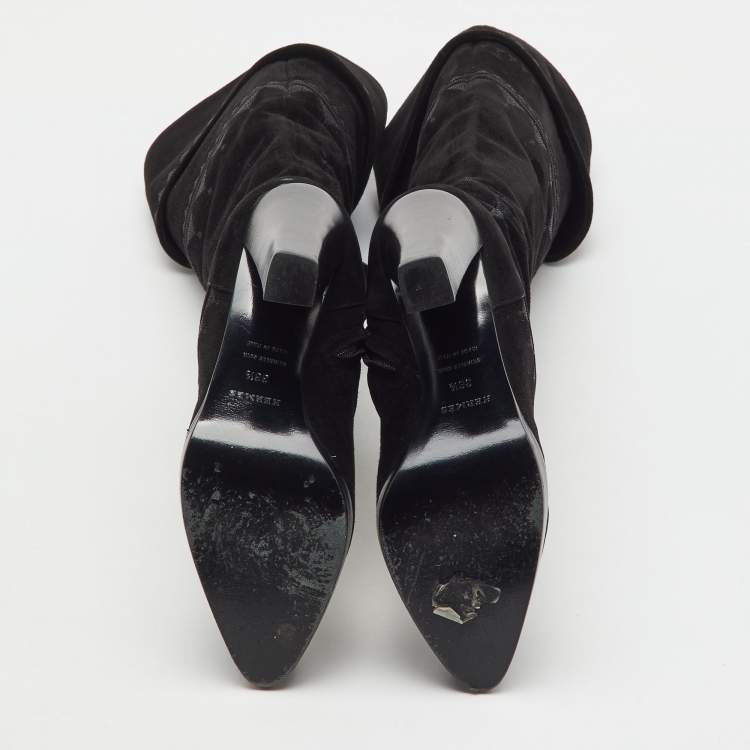 Pre Owned Hermes Black Suede Crusader Embroidered Knee Length Boots Size 36.5