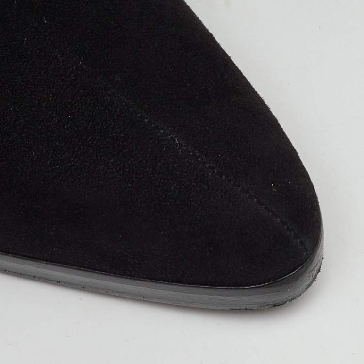 Pre Owned Hermes Black Suede Crusader Embroidered Knee Length Boots Size 36.5