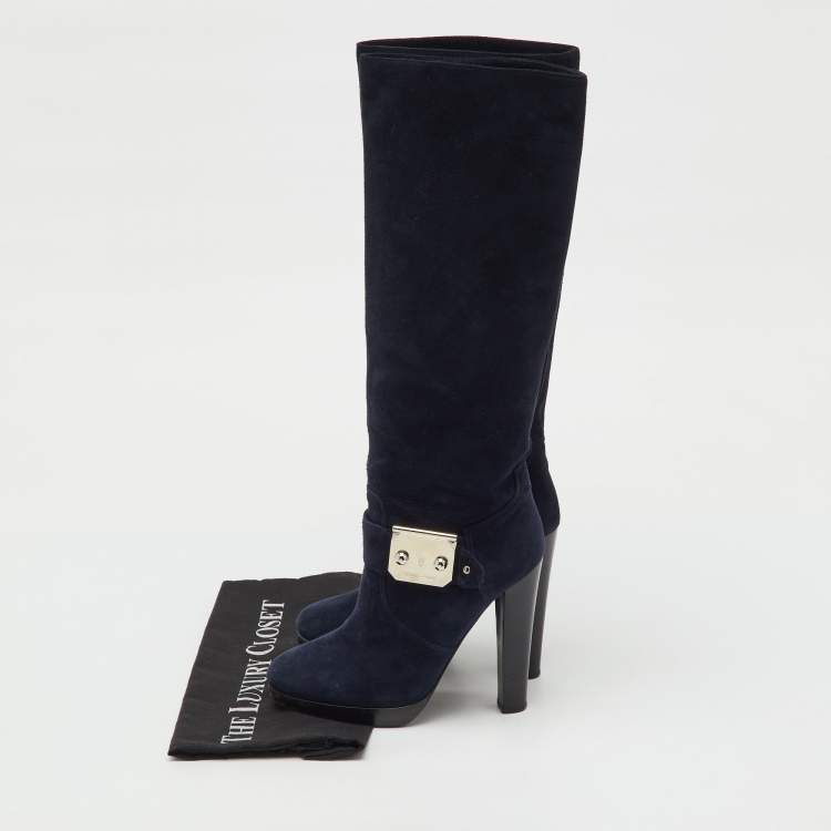 Pre Owned Hermes Navy Blue Suede Knee Length Boots Size 36.5