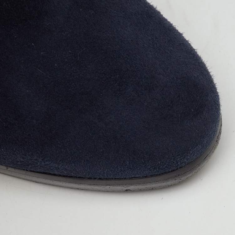 Pre Owned Hermes Navy Blue Suede Knee Length Boots Size 36.5